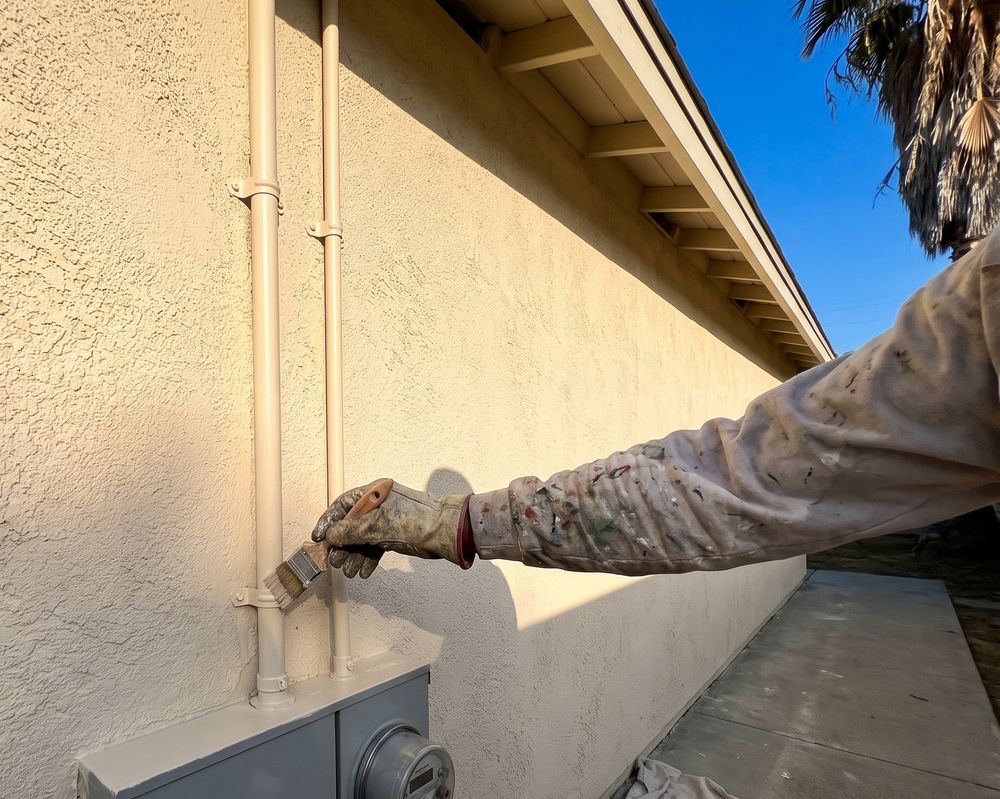 Conduit on a cream stucco wall being painted to match the wall above the main panel and meter.
