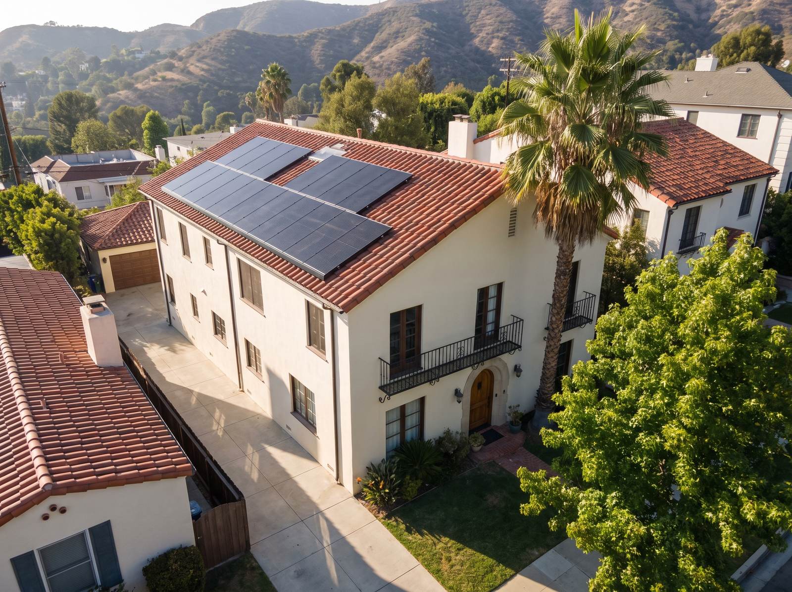 A two-story Spanish revival house in the Los Angeles hills with a clay tile roof and rows of all-black solar panels.