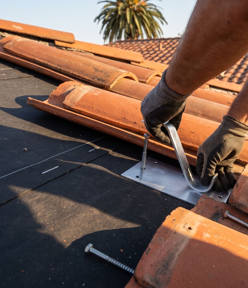 Gloved hands setting an aluminum tile hook on new flashing where a clay barrel tile has been lifted, on a Los Angeles tile roof.